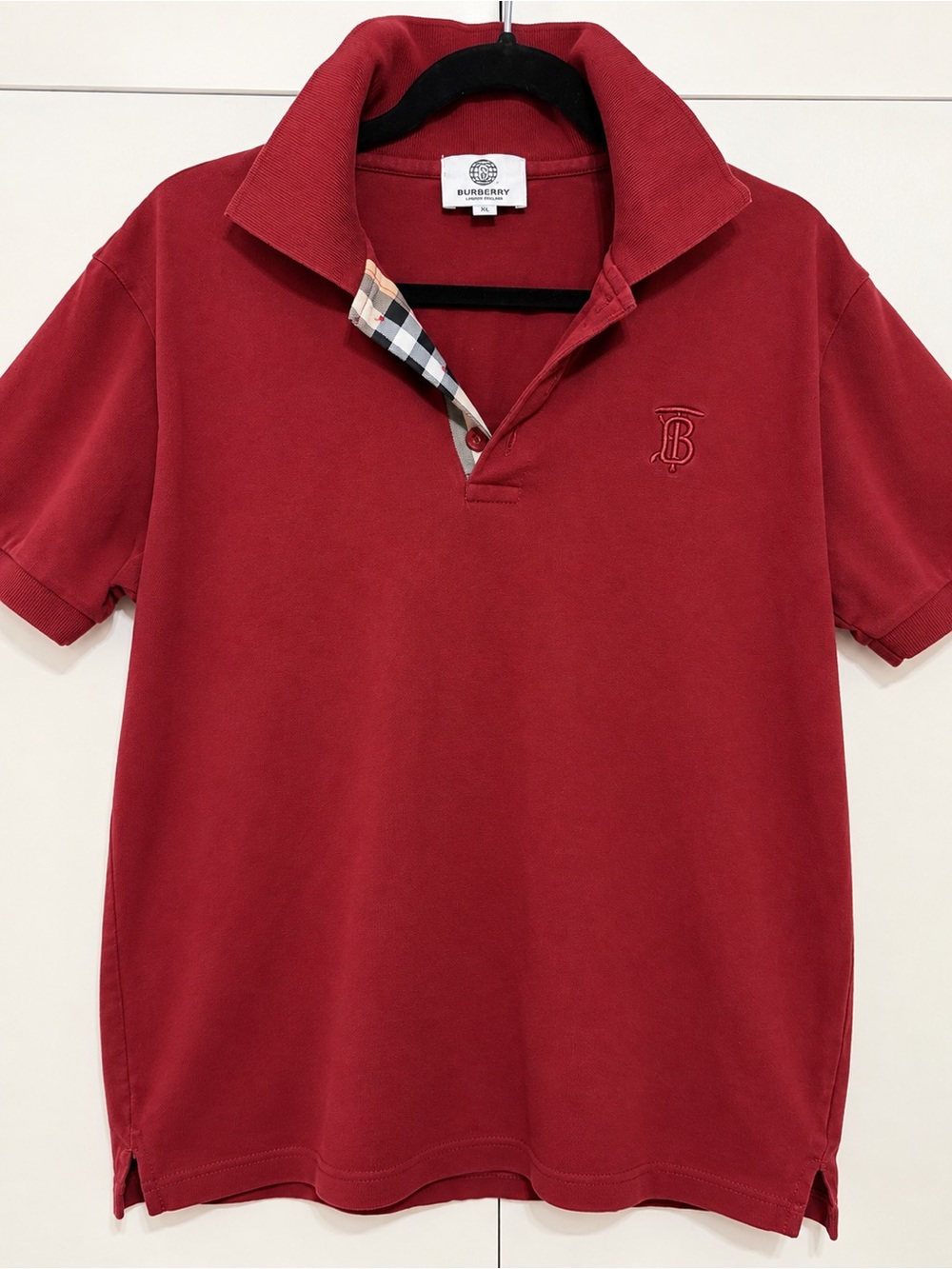 Burberry London England Men’s Red Polo Shirt Nova Check Trim XL